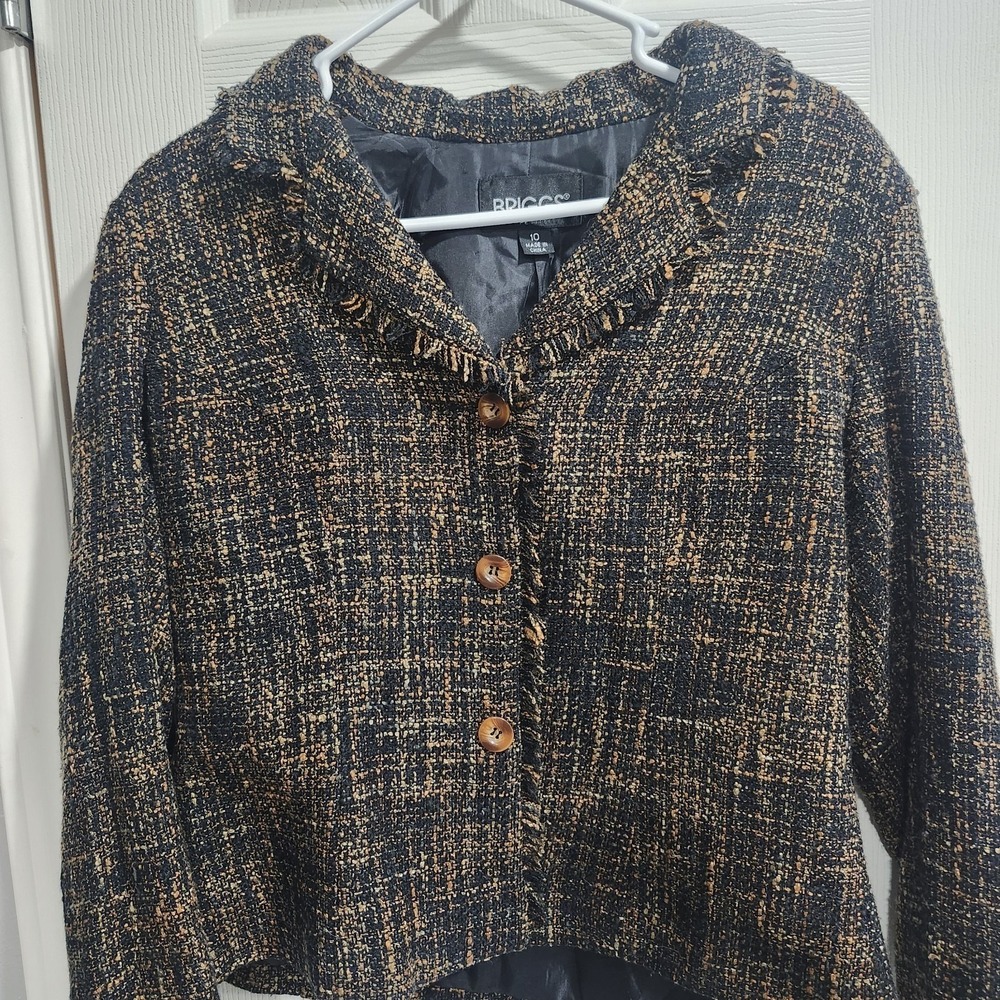 Briggs Petite Women's Blazer Size 10 Black Gold‎ Textured Jacket Lined - Picture 3 of 10